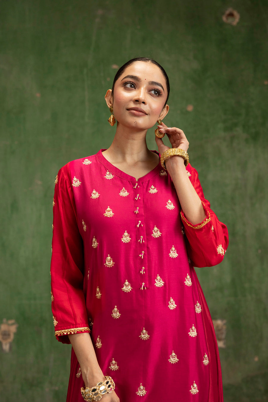 Guldaasta Mul Chanderi Aline Kurta Set in Rani