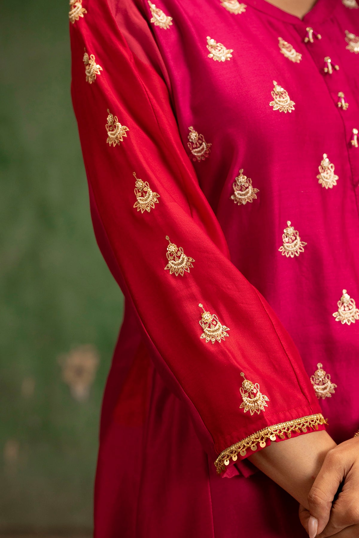 Guldaasta Mul Chanderi Aline Kurta Set in Rani