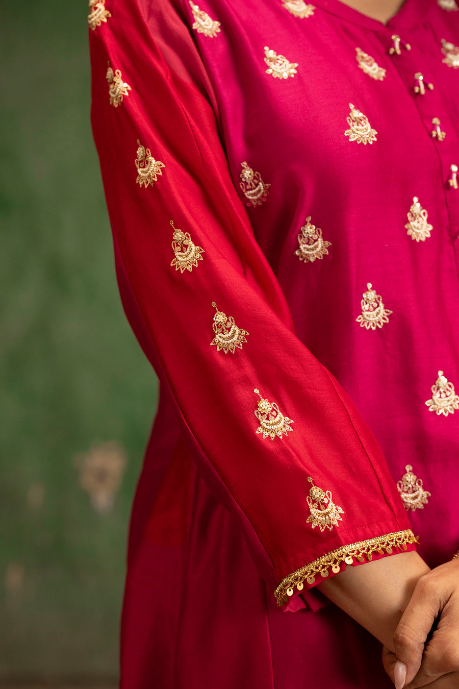 Guldaasta Mul Chanderi Aline Kurta Set in Rani