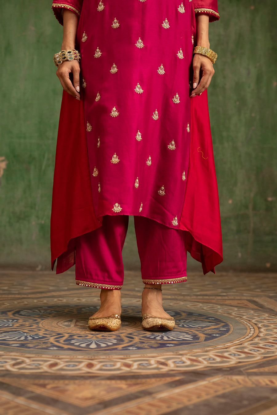 Guldaasta Mul Chanderi Aline Kurta Set in Rani