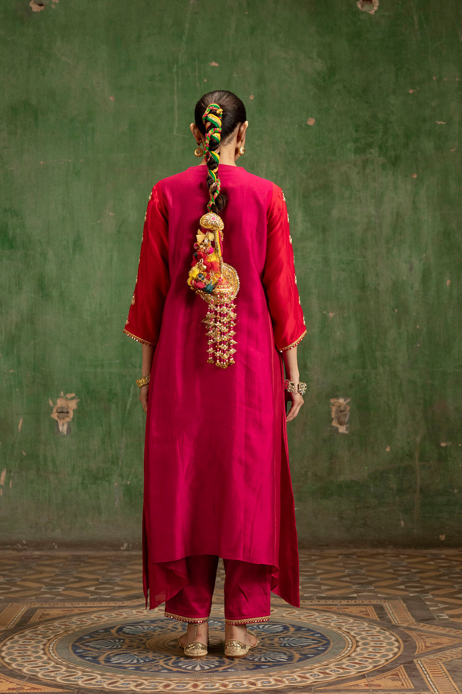 Guldaasta Mul Chanderi Aline Kurta Set in Rani