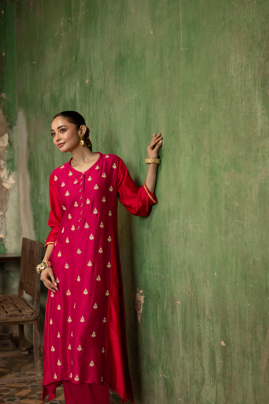 Guldaasta Mul Chanderi Aline Kurta Set in Rani