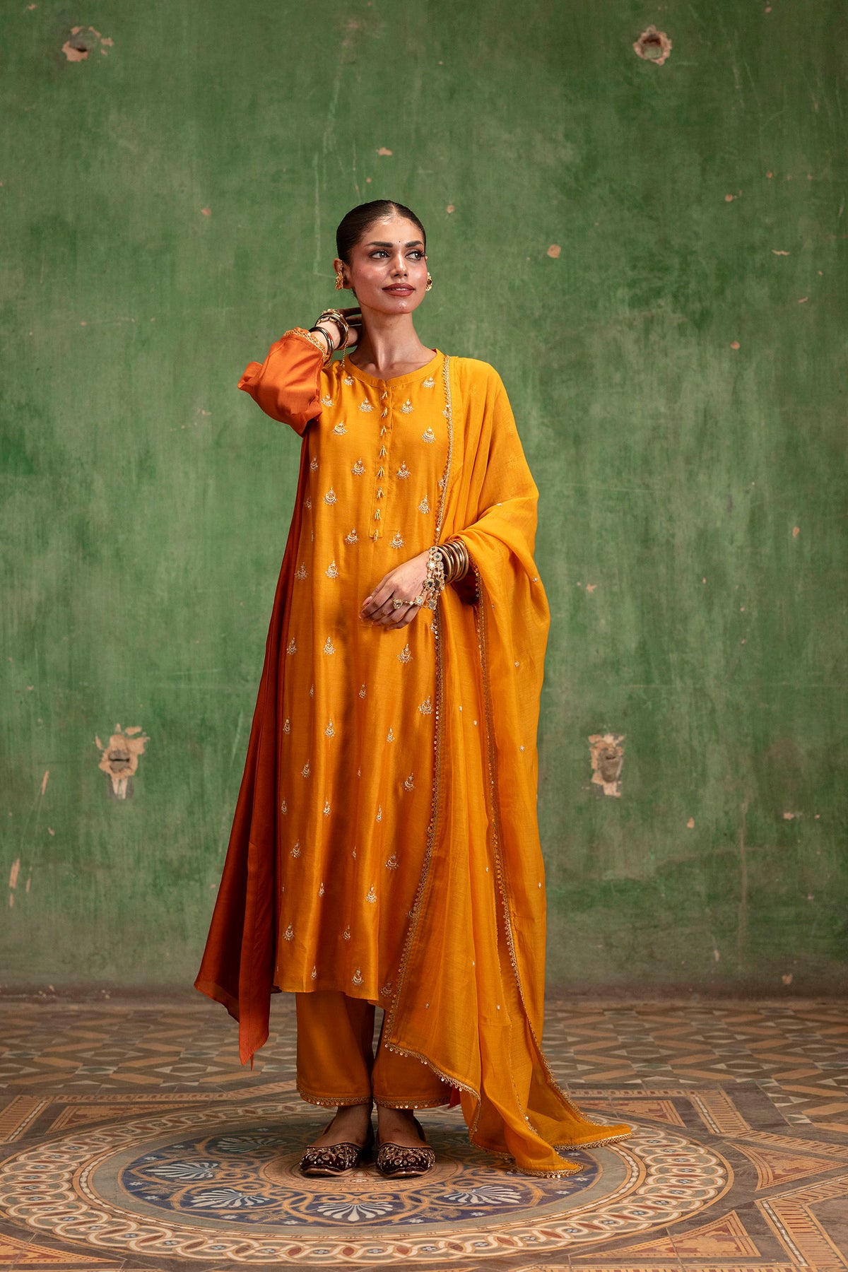 Guldaasta Mul Chanderi Aline Kurta Set in Sarson