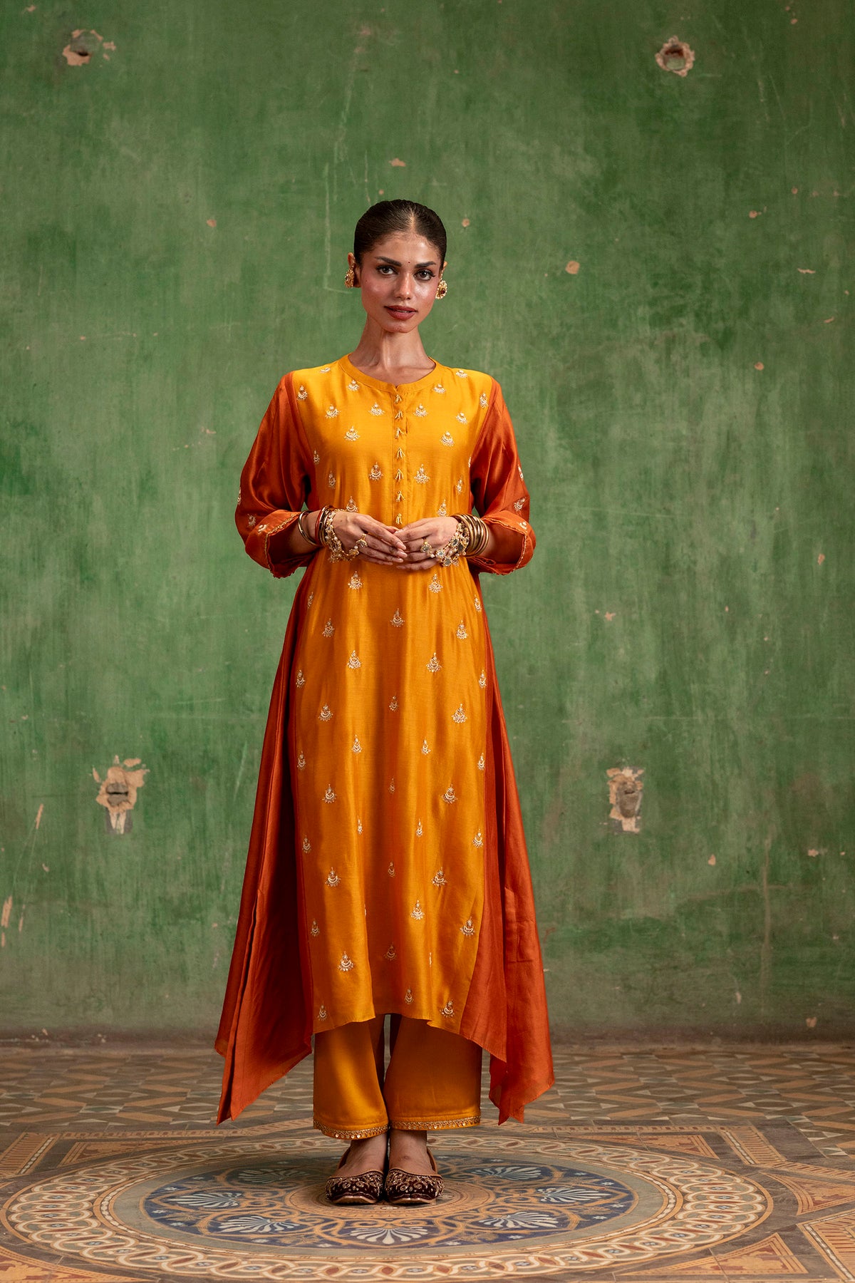 Guldaasta Mul Chanderi Aline Kurta Set in Sarson