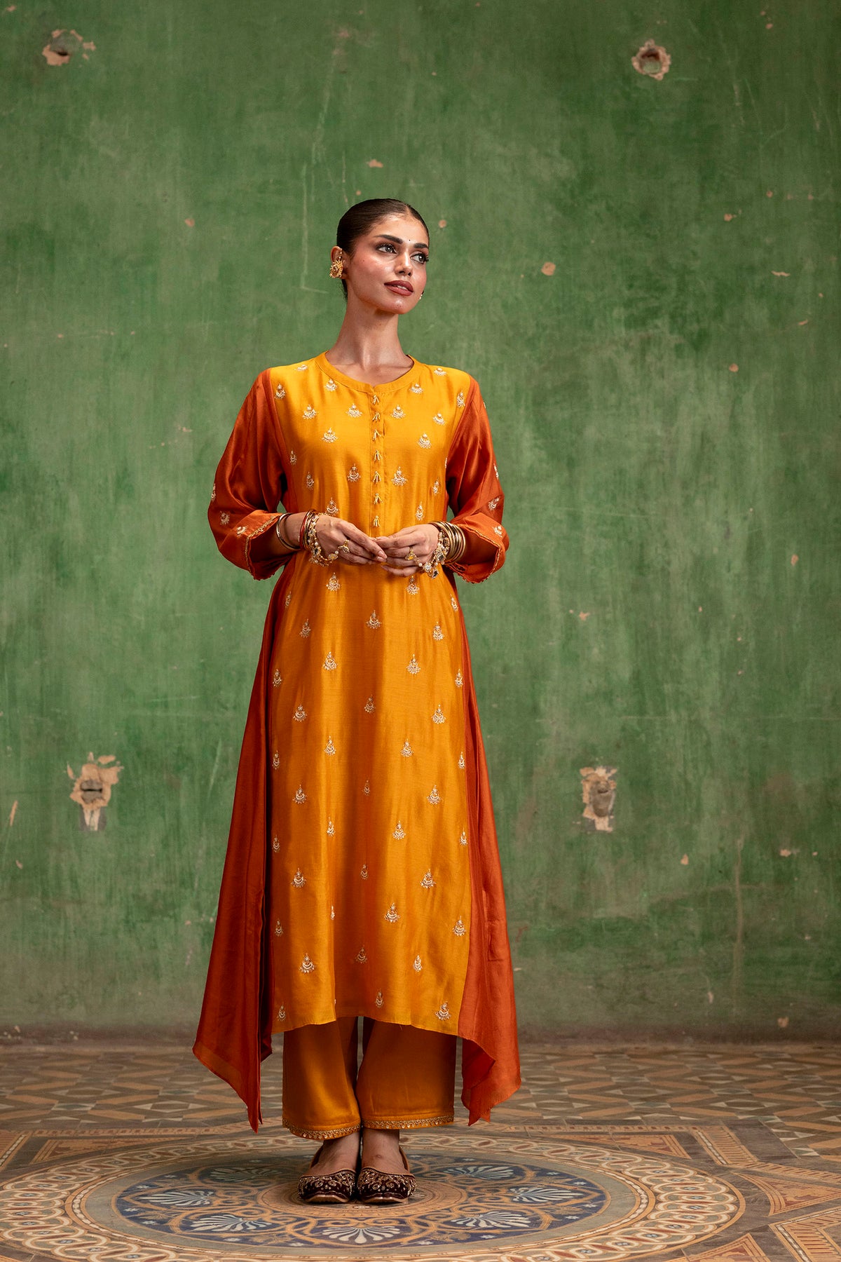Guldaasta Mul Chanderi Aline Kurta Set in Sarson