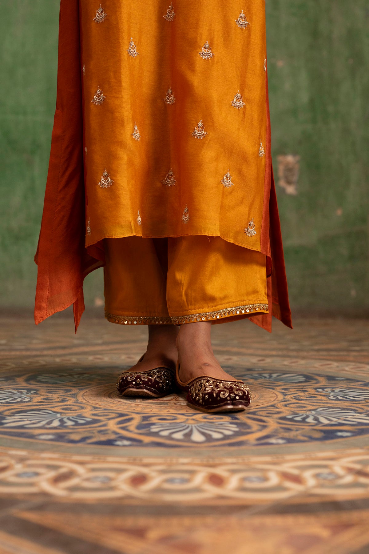 Guldaasta Mul Chanderi Aline Kurta Set in Sarson