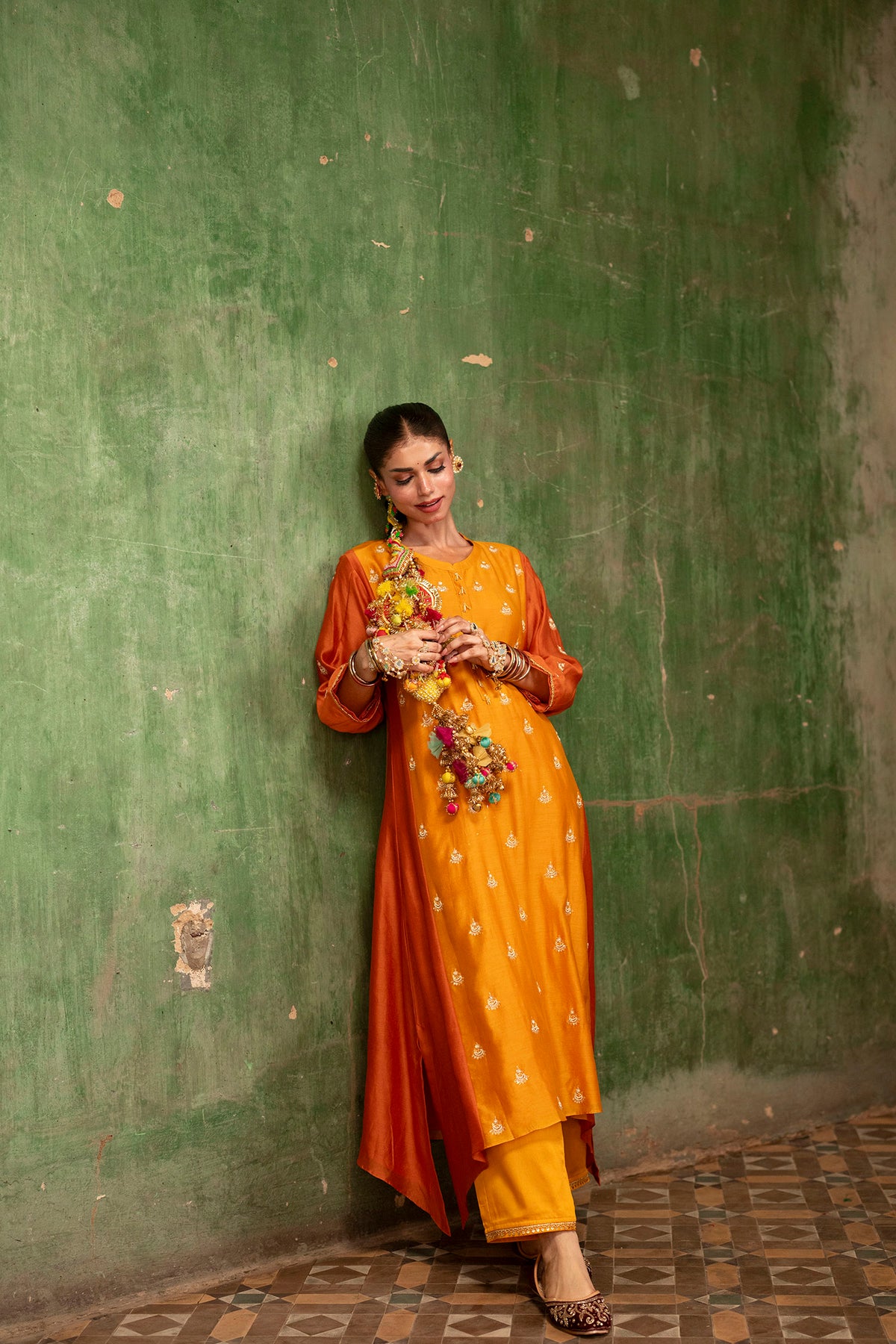 Guldaasta Mul Chanderi Aline Kurta Set in Sarson