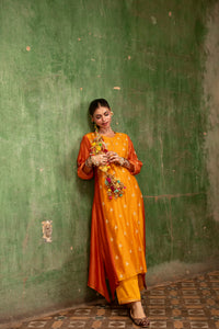 Guldaasta Mul Chanderi Aline Kurta Set in Sarson