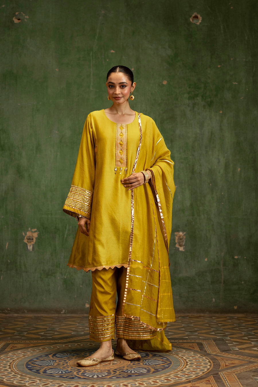 Nami Silk Chanderi Anarkali Set with Farsi Pants in Yellow Green
