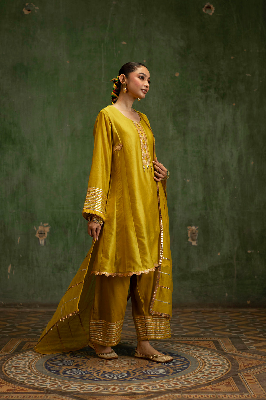 Nami Silk Chanderi Anarkali Set with Farsi Pants in Yellow Green
