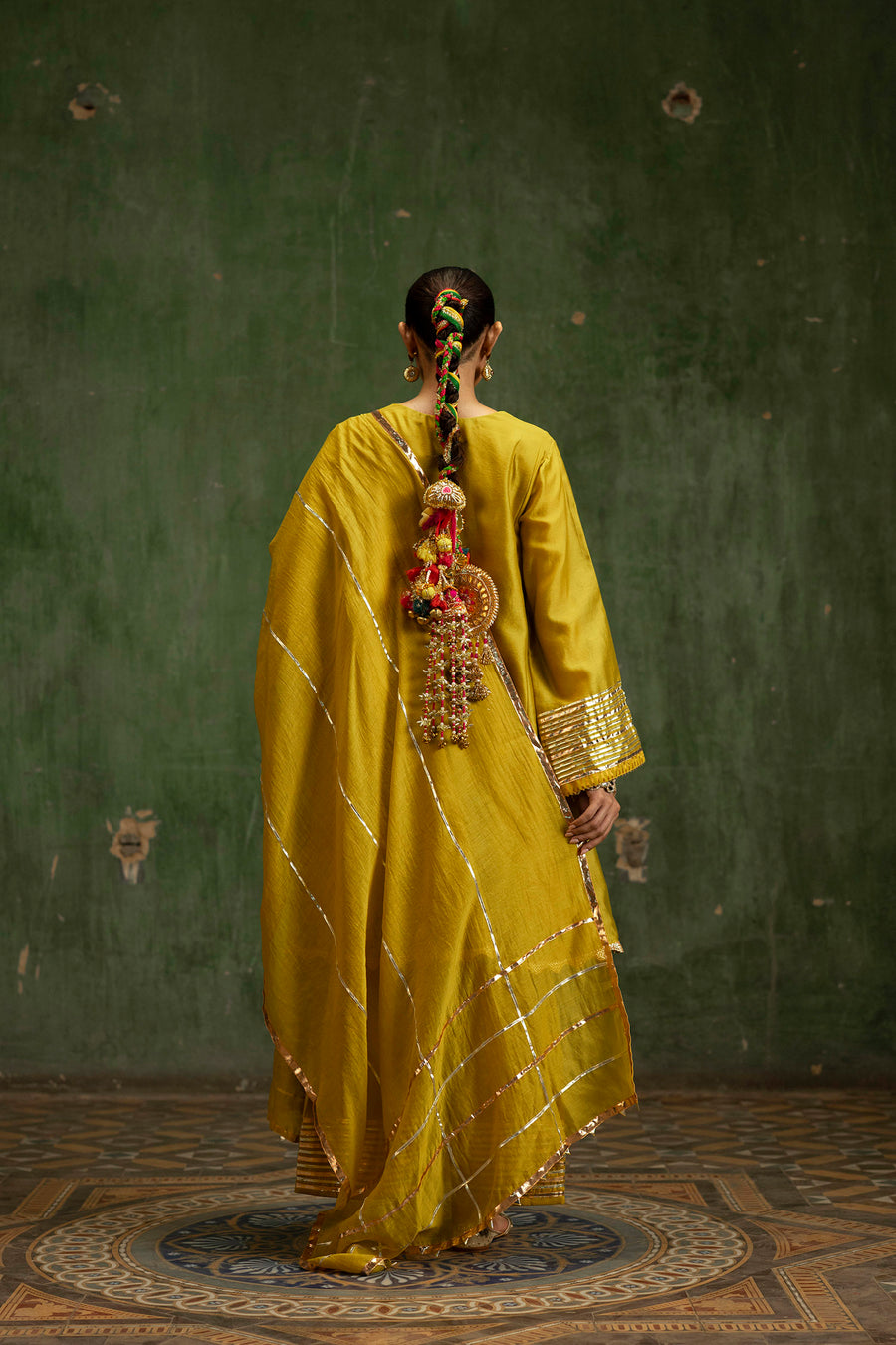 Nami Silk Chanderi Anarkali Set with Farsi Pants in Yellow Green

