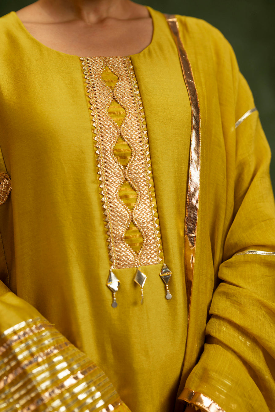 Nami Silk Chanderi Anarkali Set with Farsi Pants in Yellow Green
