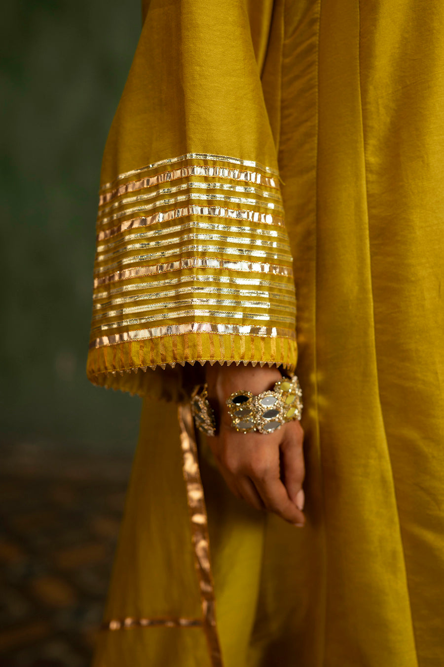 Nami Silk Chanderi Anarkali Set with Farsi Pants in Yellow Green
