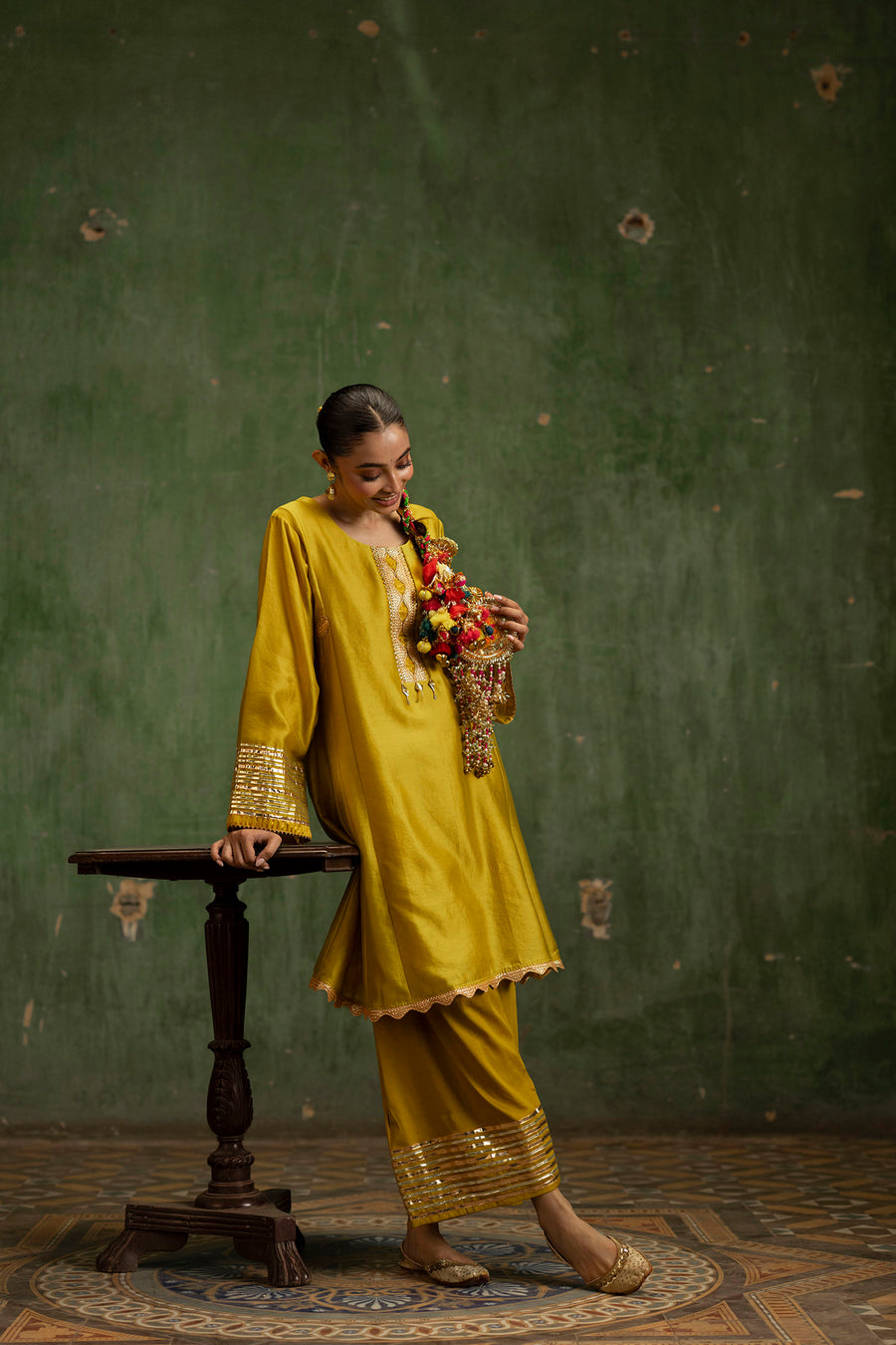 Nami Silk Chanderi Anarkali Set with Farsi Pants in Yellow Green

