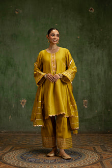 Nami Silk Chanderi Anarkali Set with Farsi Pants in Yellow Green