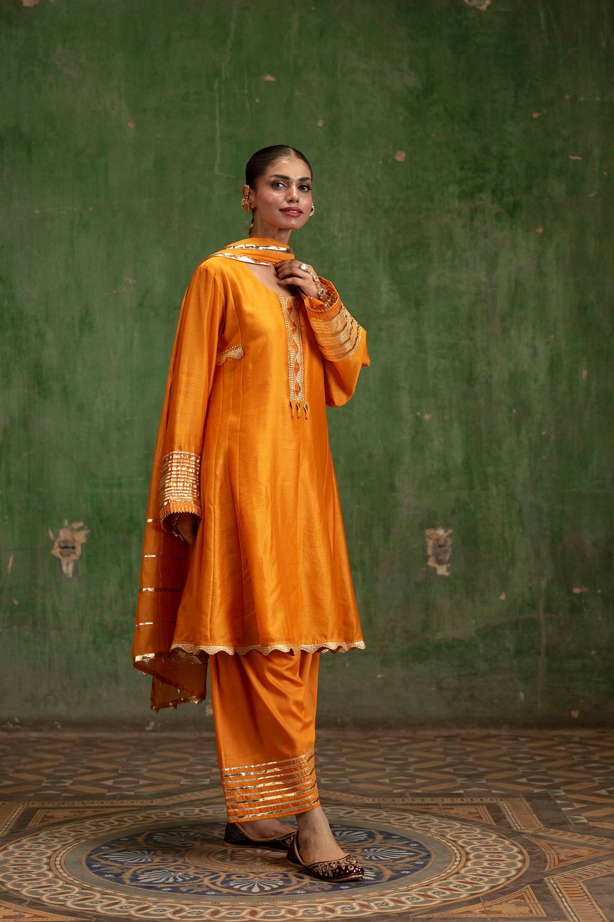 Nami Silk Chanderi Anarkali Set with Farsi Pants in Orange