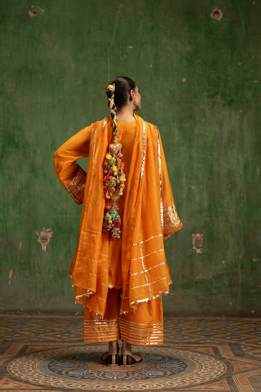 Nami Silk Chanderi Anarkali Set with Farsi Pants in Orange