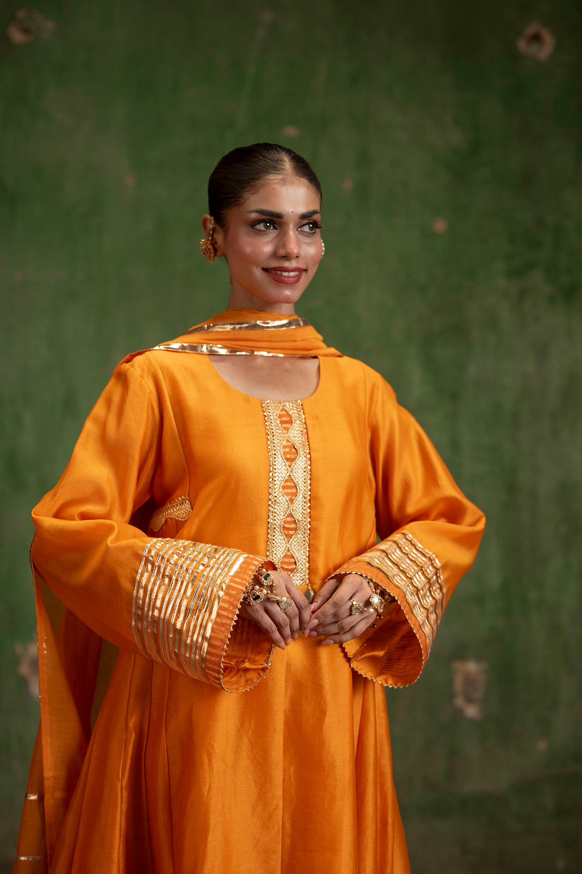 Nami Silk Chanderi Anarkali Set with Farsi Pants in Orange