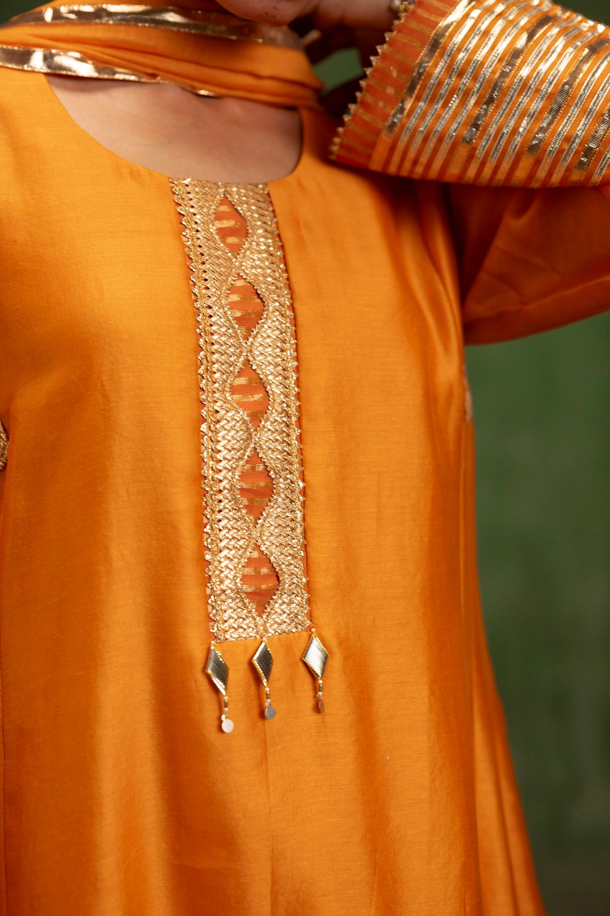 Nami Silk Chanderi Anarkali Set with Farsi Pants in Orange