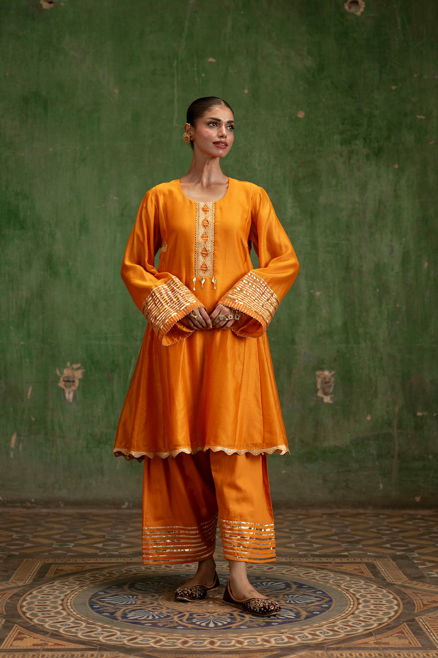 Nami Silk Chanderi Anarkali Set with Farsi Pants in Orange