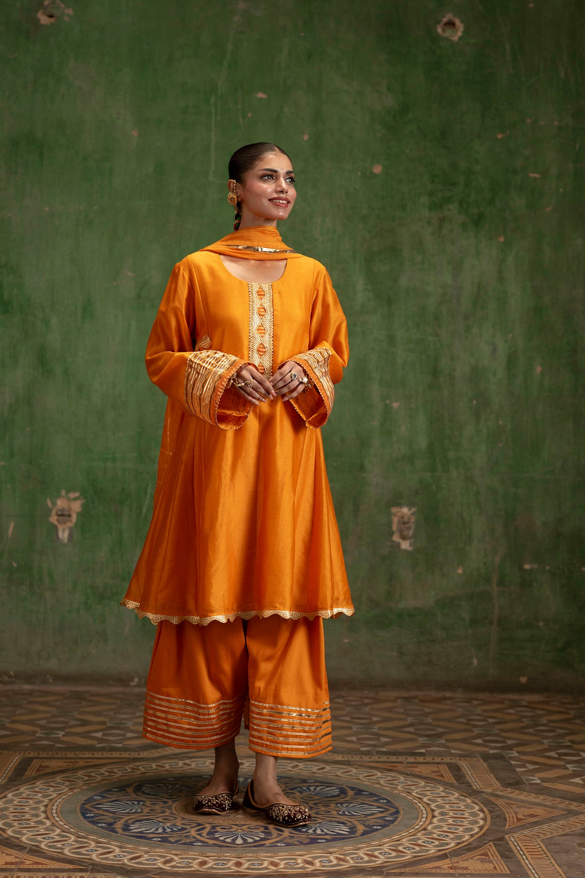 Nami Silk Chanderi Anarkali Set with Farsi Pants in Orange
