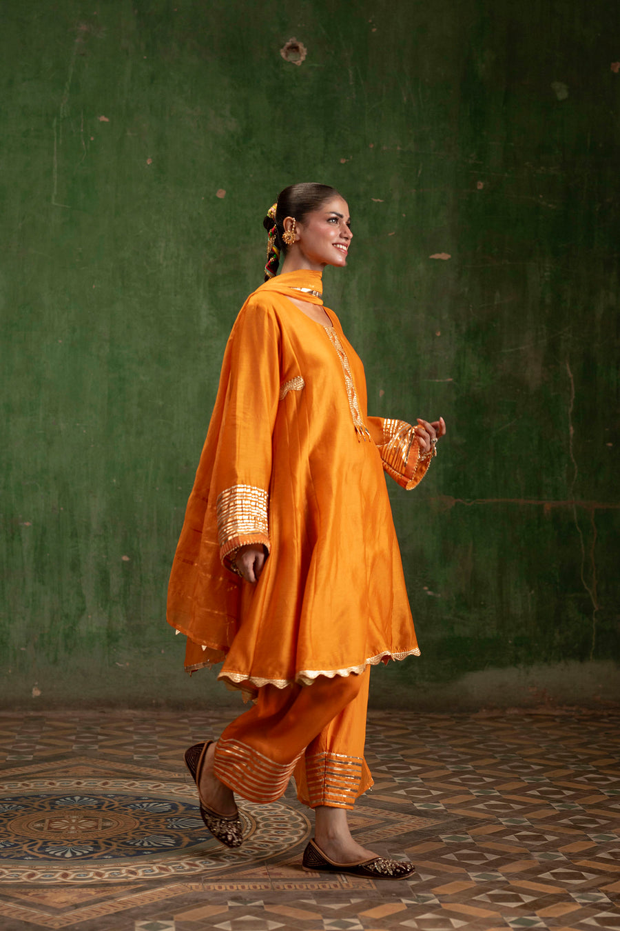 Nami Silk Chanderi Anarkali Set with Farsi Pants in Orange