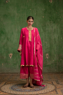 Nami Silk Chanderi Anarkali Set with Farsi Pants in Rani