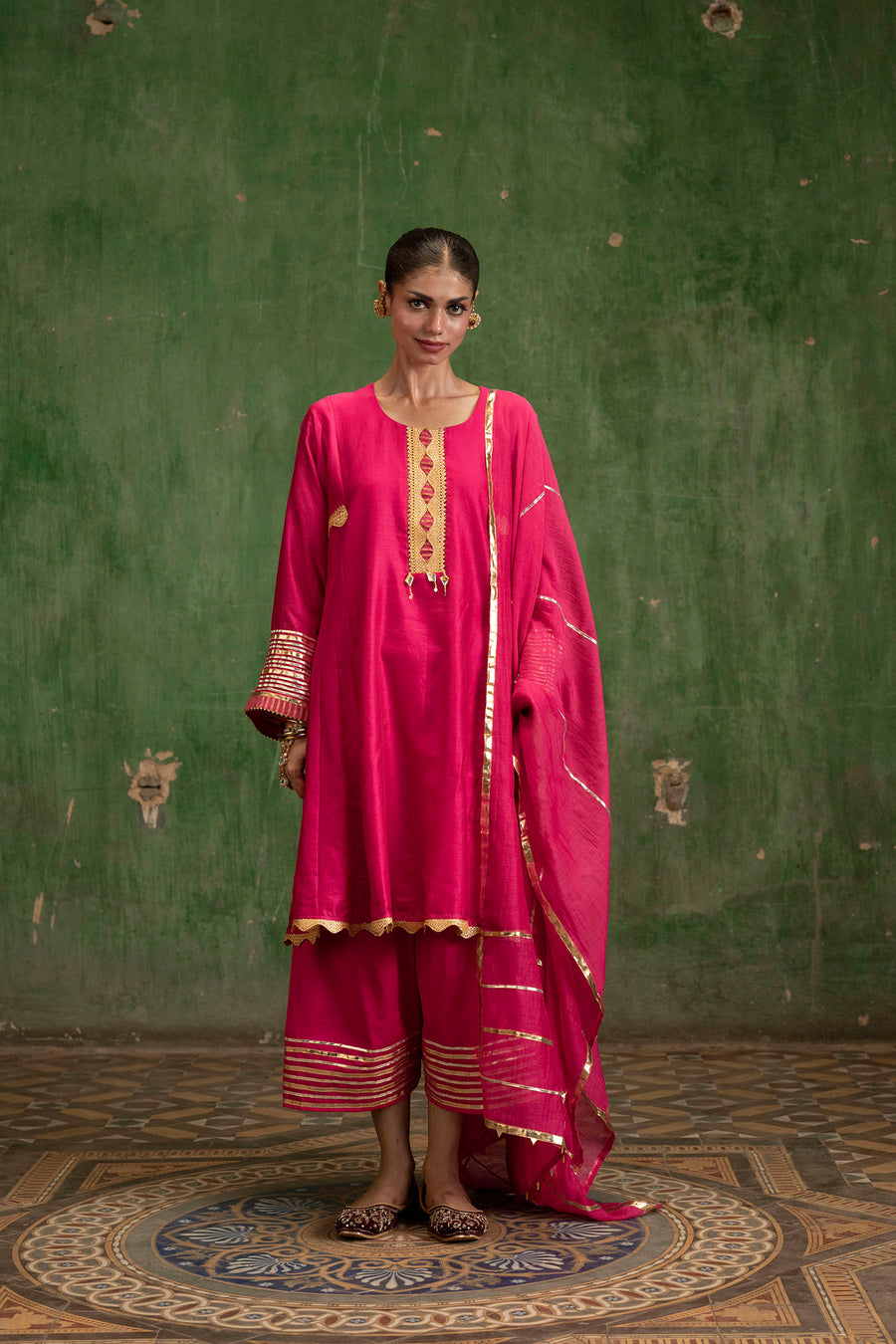 Nami Silk Chanderi Anarkali Set with Farsi Pants in Rani