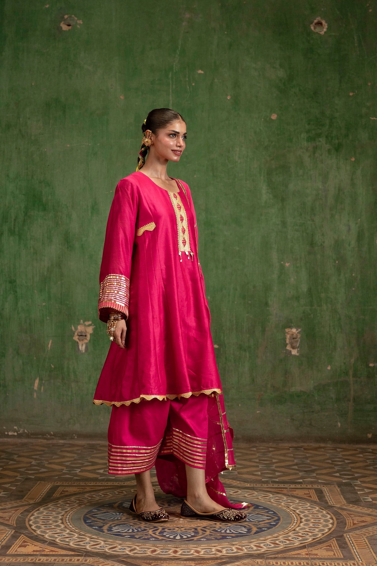 Nami Silk Chanderi Anarkali Set with Farsi Pants in Rani