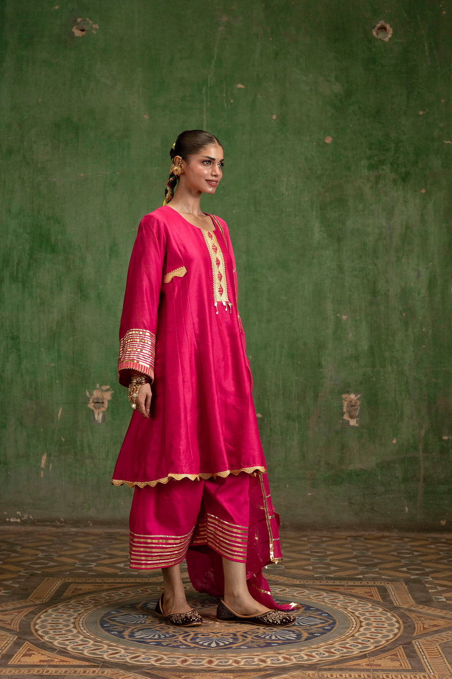Nami Silk Chanderi Anarkali Set with Farsi Pants in Rani