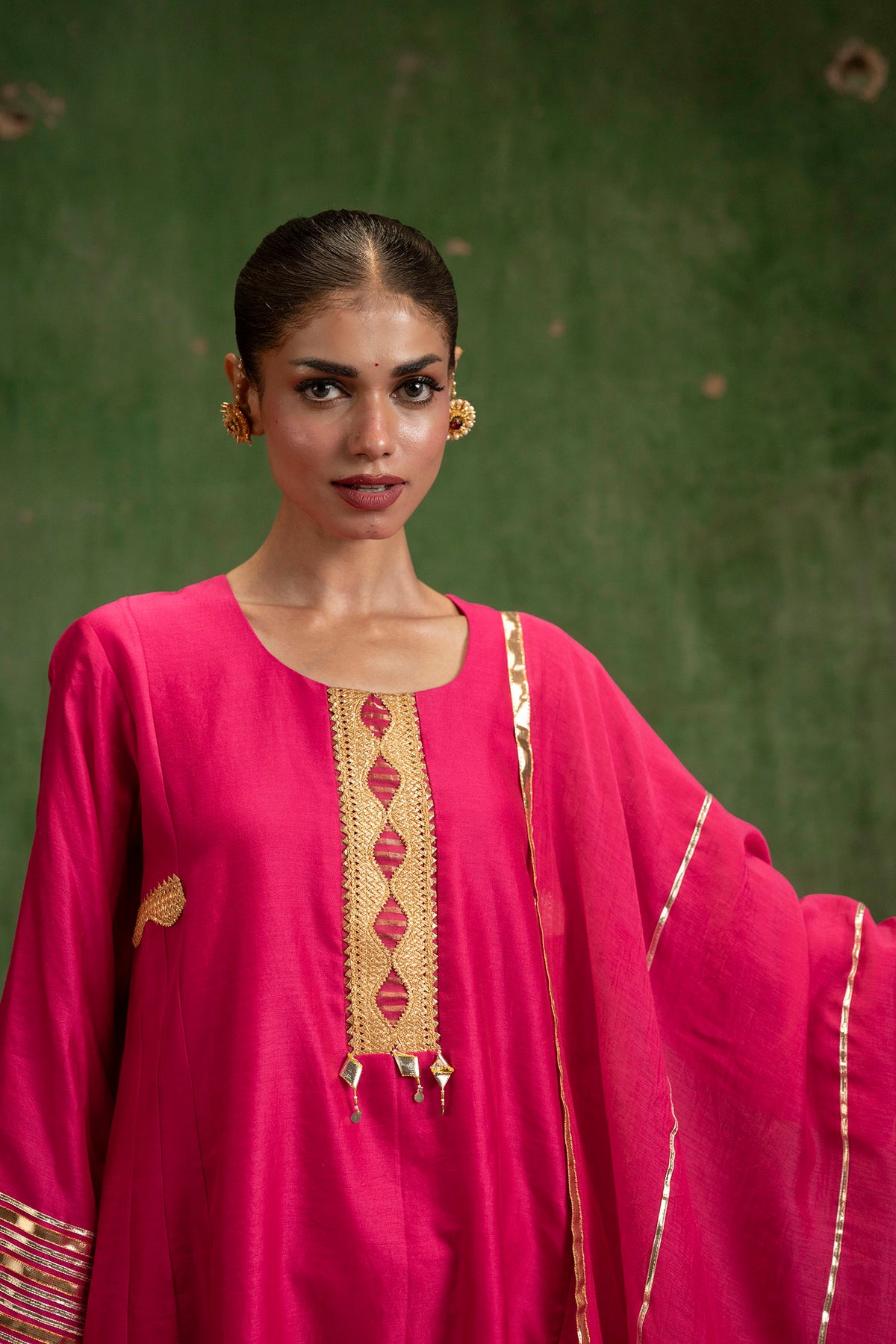 Nami Silk Chanderi Anarkali Set with Farsi Pants in Rani