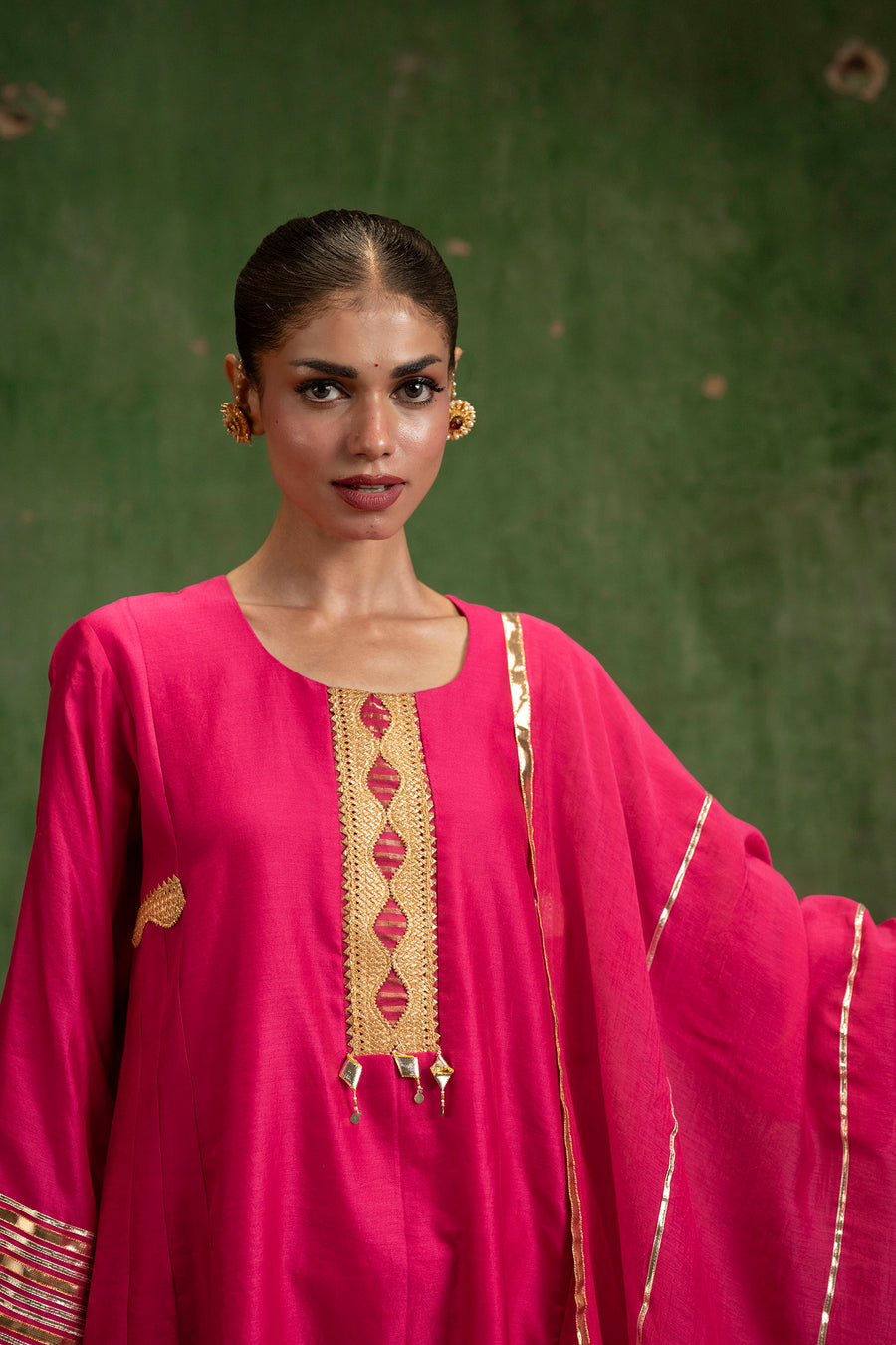 Nami Silk Chanderi Anarkali Set with Farsi Pants in Rani