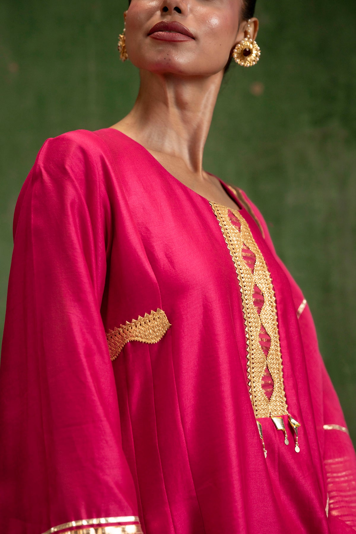 Nami Silk Chanderi Anarkali Set with Farsi Pants in Rani