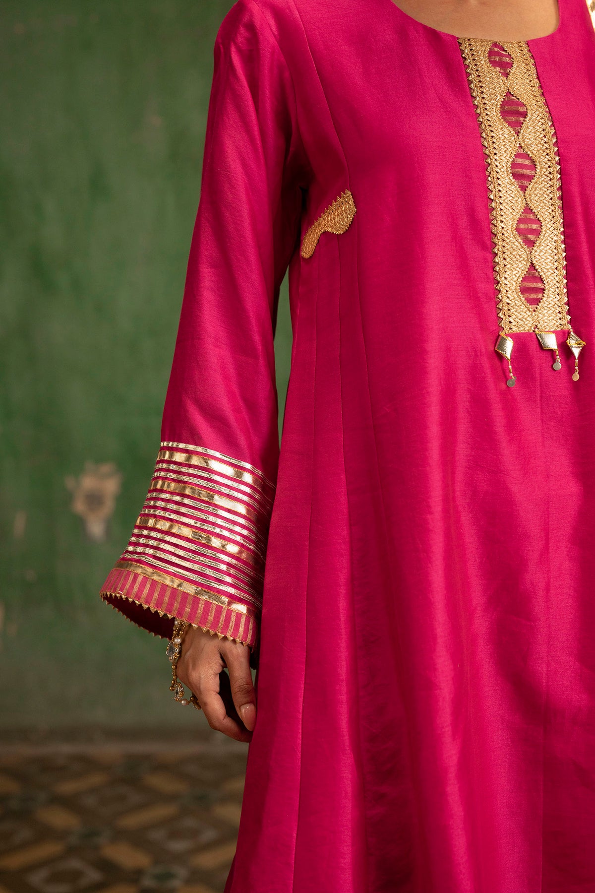 Nami Silk Chanderi Anarkali Set with Farsi Pants in Rani