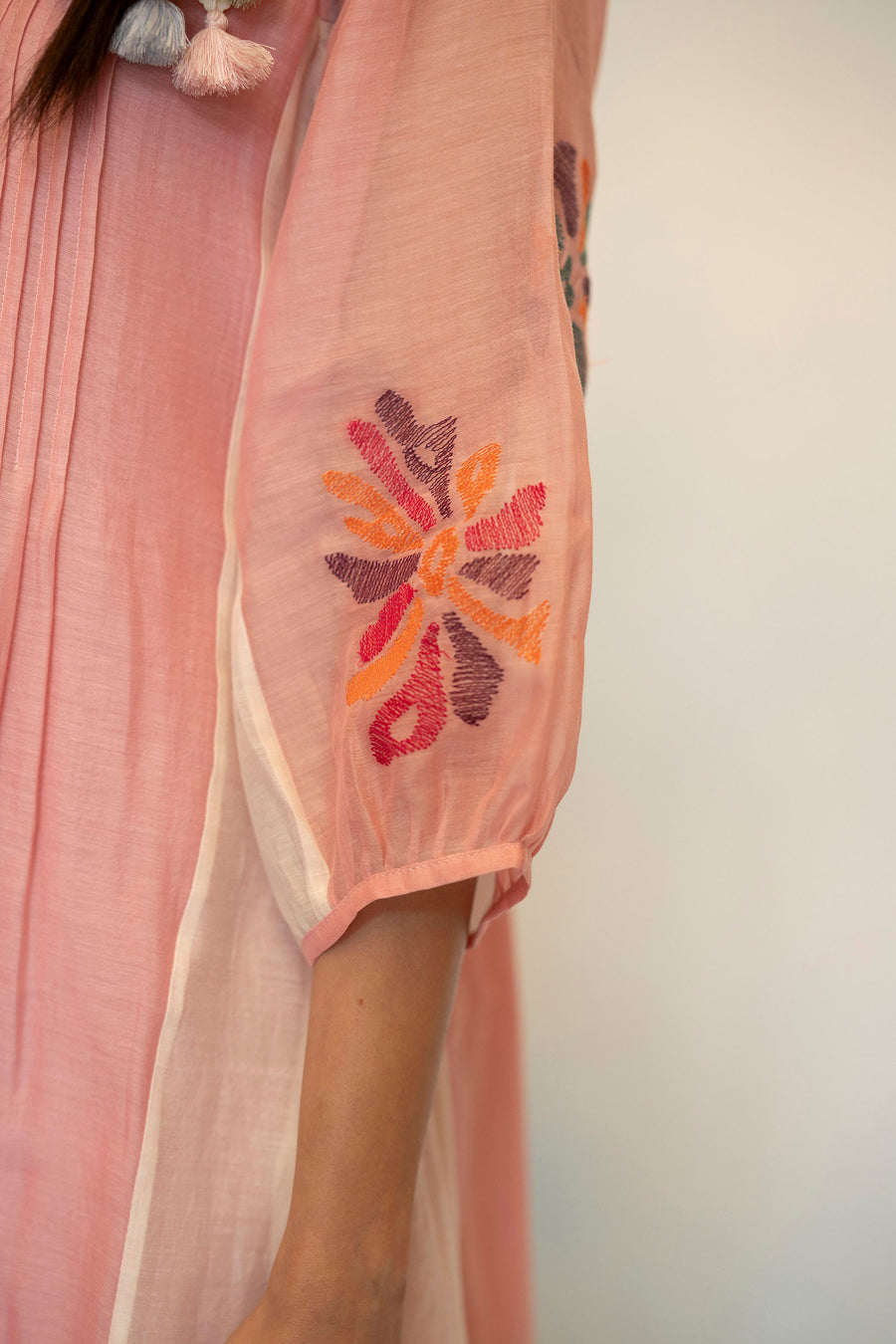 AM by Anita Mittal Noor Meher Pink Mul Chanderi Tunic with Butter Cotton Pant with Cord Embroidery