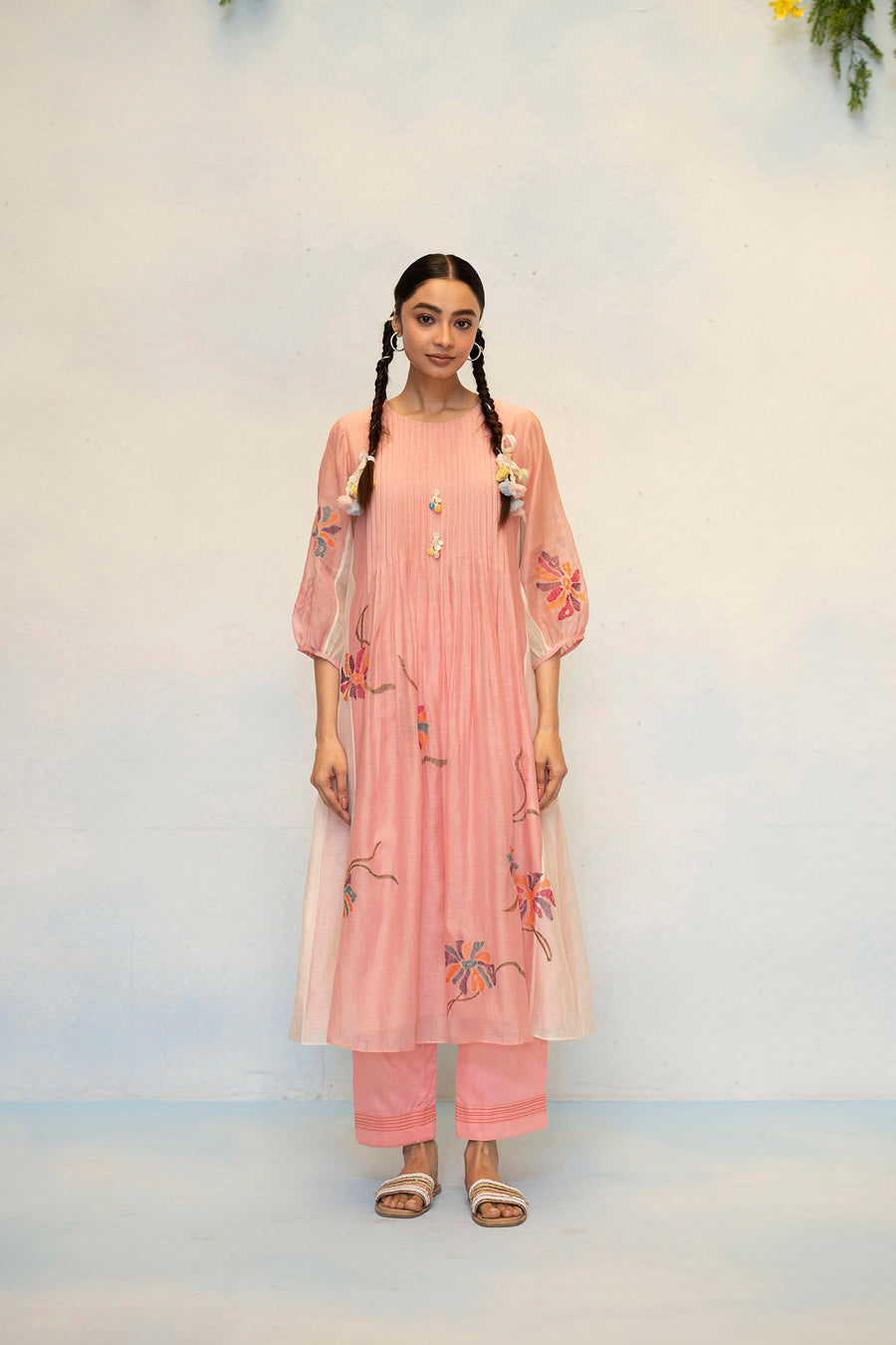 AM by Anita Mittal Noor Meher Pink Mul Chanderi Tunic with Butter Cotton Pant with Cord Embroidery