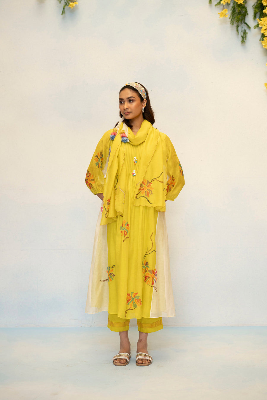 AM by Anita Mittal Noor Meher Olive Yellow Mul Chanderi Tunic with Butter Cotton Pant with Cord Embroidery