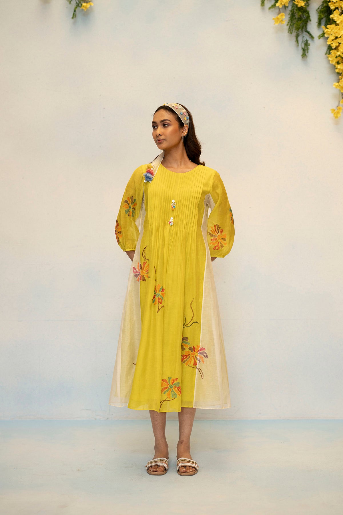 AM by Anita Mittal Noor Meher Olive Yellow Mul Chanderi Tunic with Butter Cotton Pant with Cord Embroidery