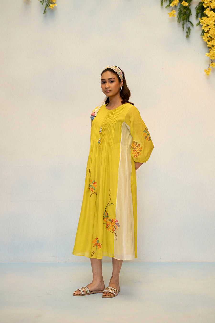 Meher Mul Chanderi Tunic Set in Olive Yellow