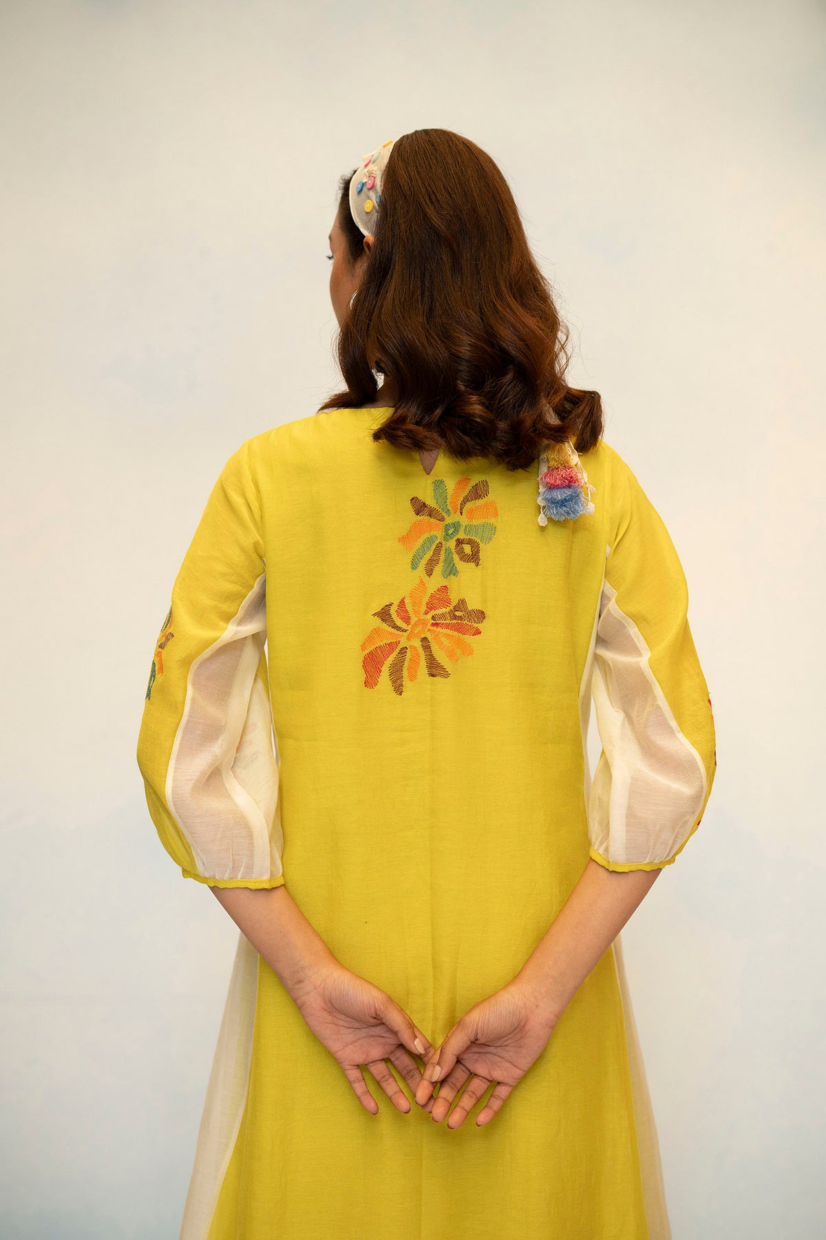 AM by Anita Mittal Noor Meher Olive Yellow Mul Chanderi Tunic with Butter Cotton Pant with Cord Embroidery
