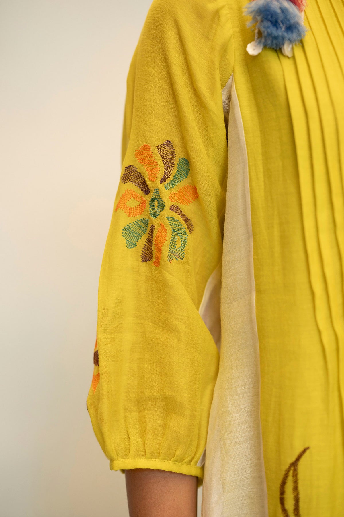 AM by Anita Mittal Noor Meher Olive Yellow Mul Chanderi Tunic with Butter Cotton Pant with Cord Embroidery