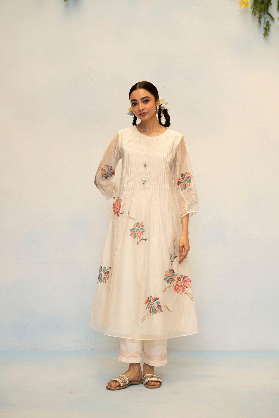 AM by Anita Mittal Noor Meher Off-White Mul Chanderi Tunic with Butter Cotton Pant with Cord Embroidery