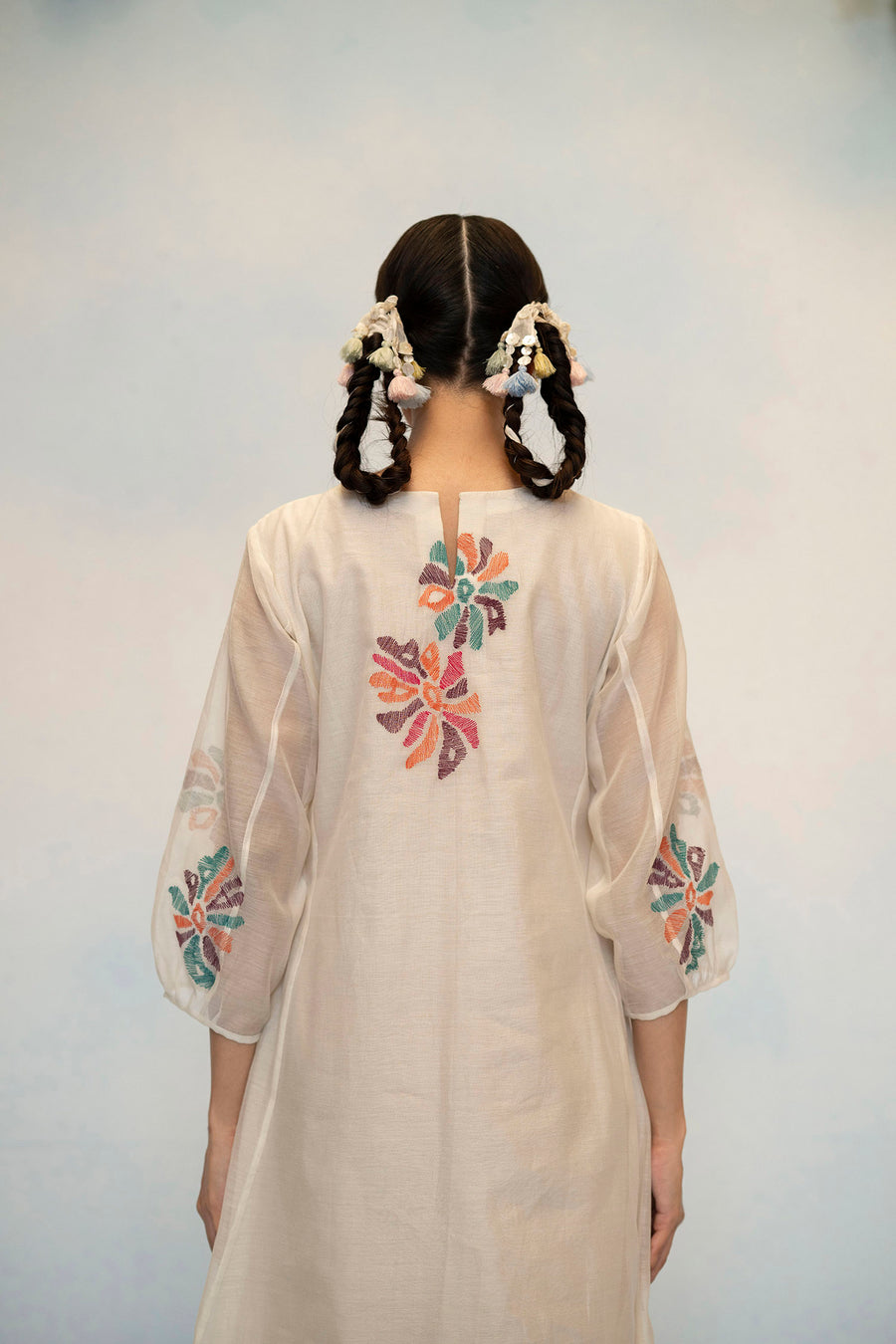 AM by Anita Mittal Noor Meher Off-White Mul Chanderi Tunic with Butter Cotton Pant with Cord Embroidery
