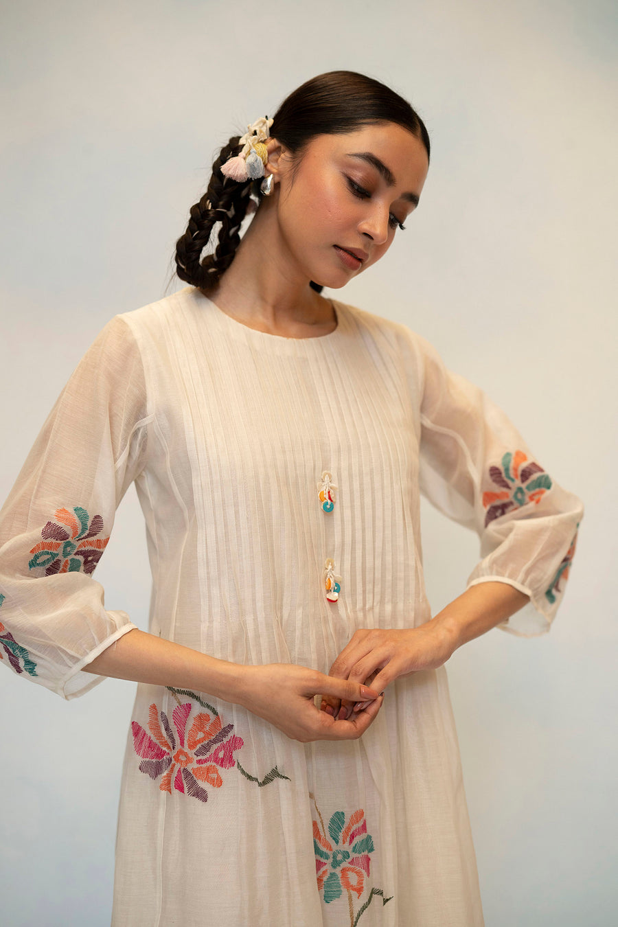 AM by Anita Mittal Noor Meher Off-White Mul Chanderi Tunic with Butter Cotton Pant with Cord Embroidery