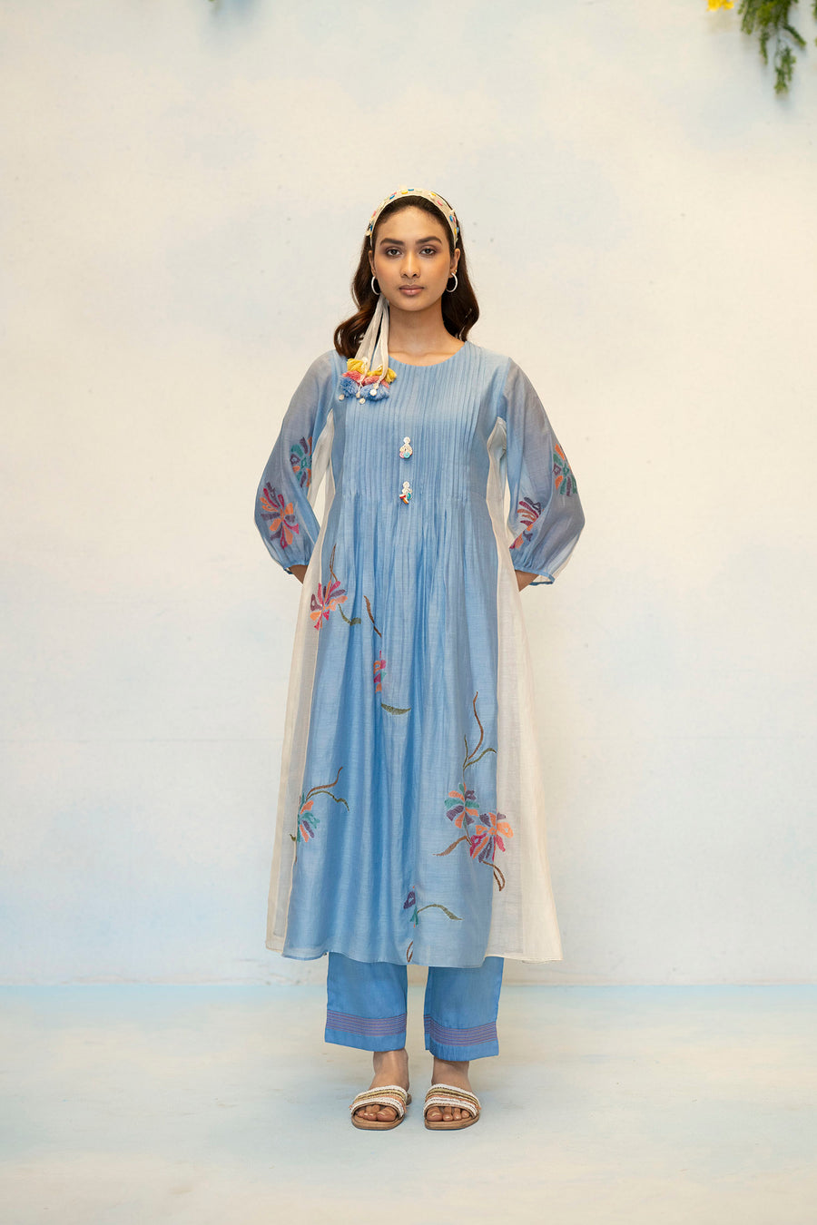 Meher Mul Chanderi Tunic Set in Blue