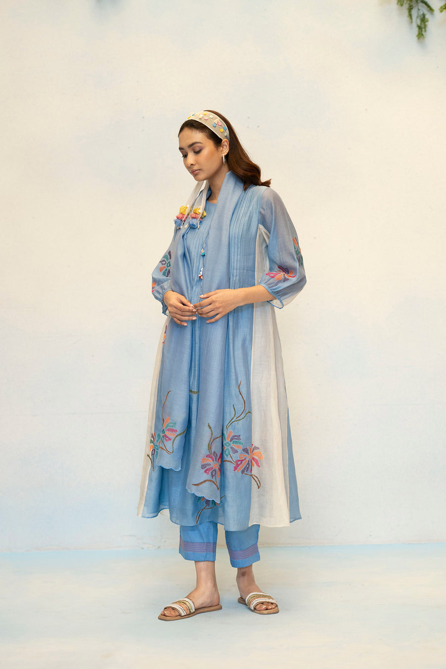 Meher Mul Chanderi Tunic Set in Blue