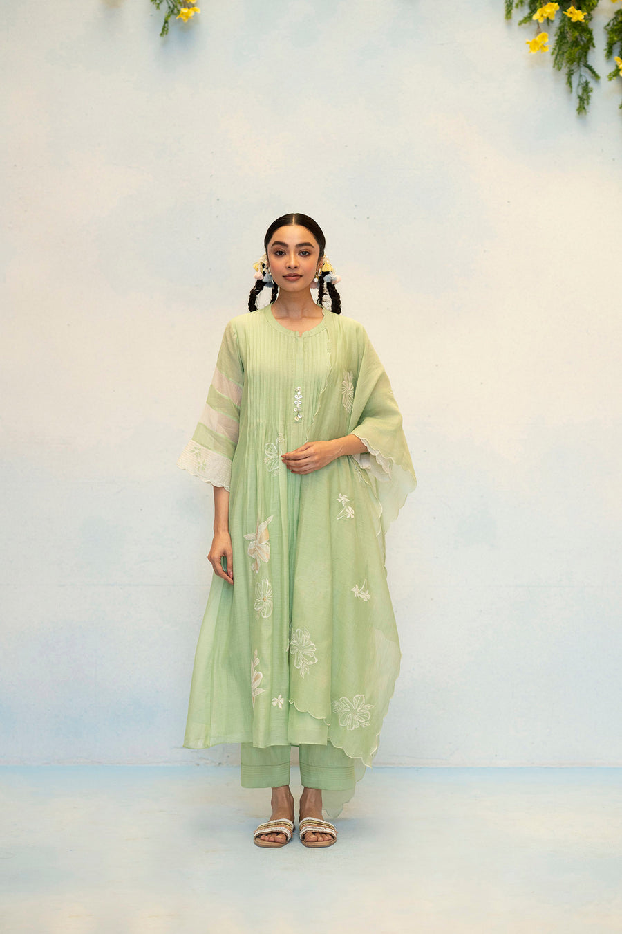 Zara Mul Chanderi Tunic Set in Sage Green