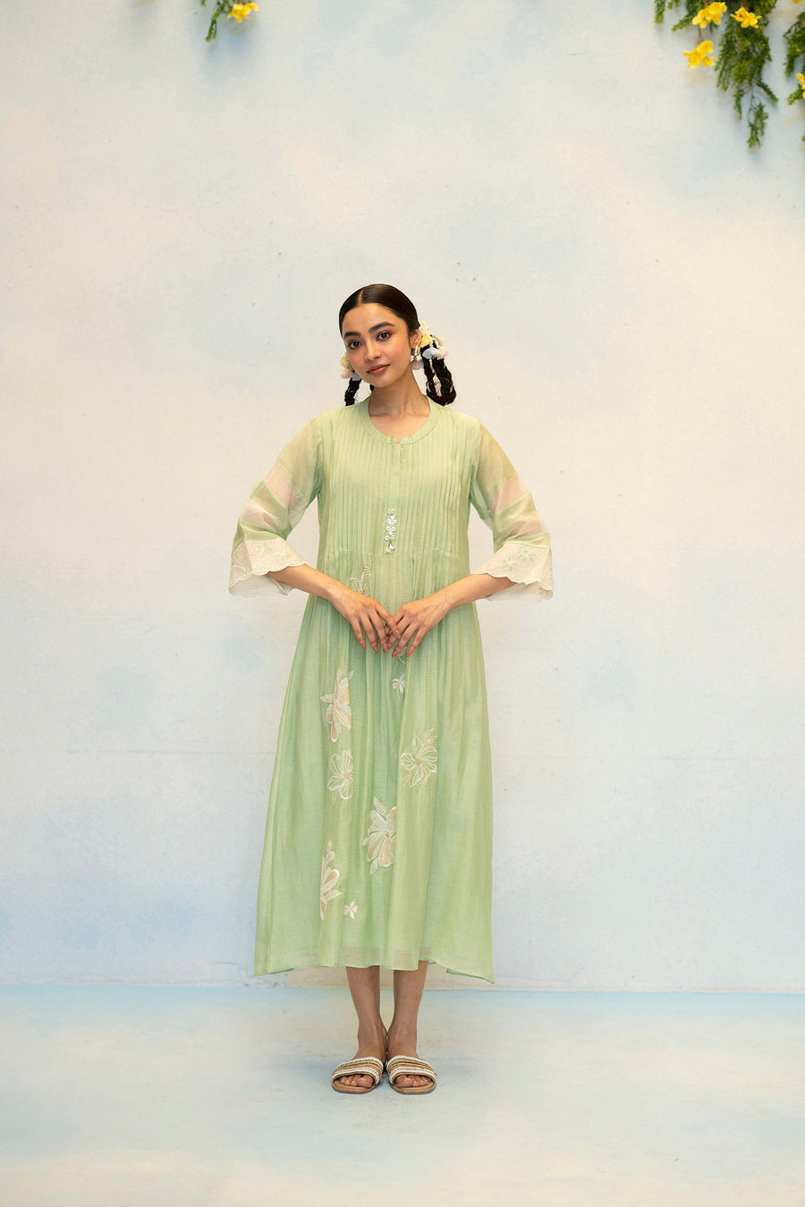 Zara Mul Chanderi Tunic Set in Sage Green