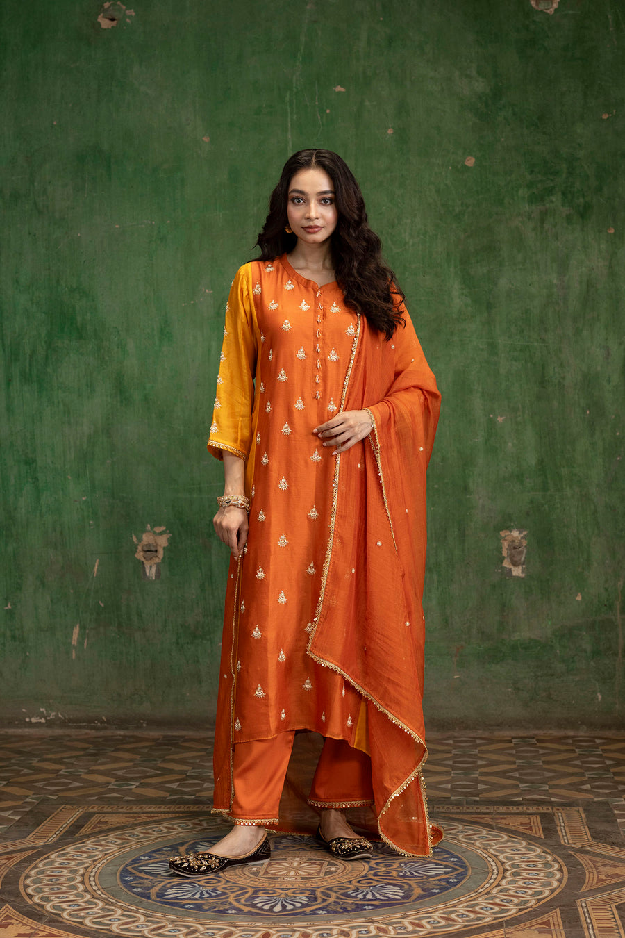 Guldaasta Mul Chanderi Aline Kurta Set in Gerua