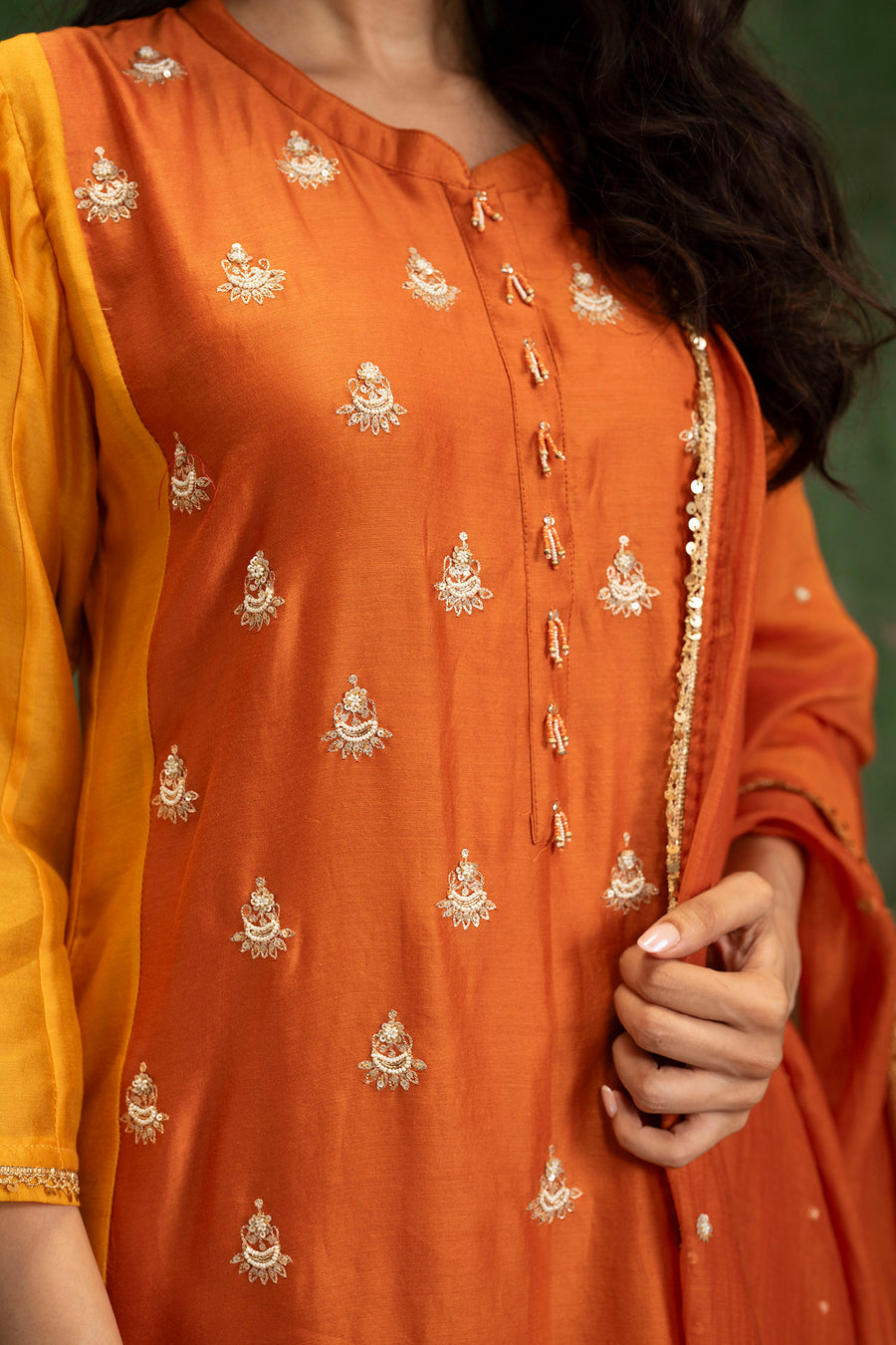 Guldaasta Mul Chanderi Aline Kurta Set in Gerua